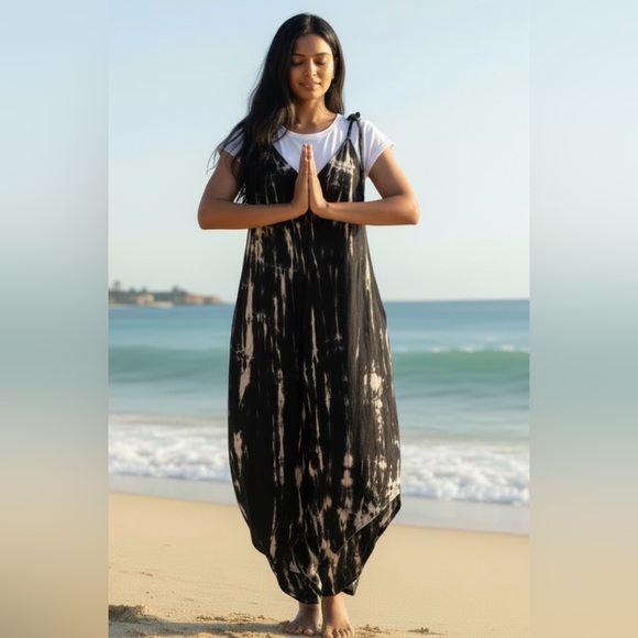 Boho Tye Dye Black and Cream Jumpsuit - Picture 4 of 7